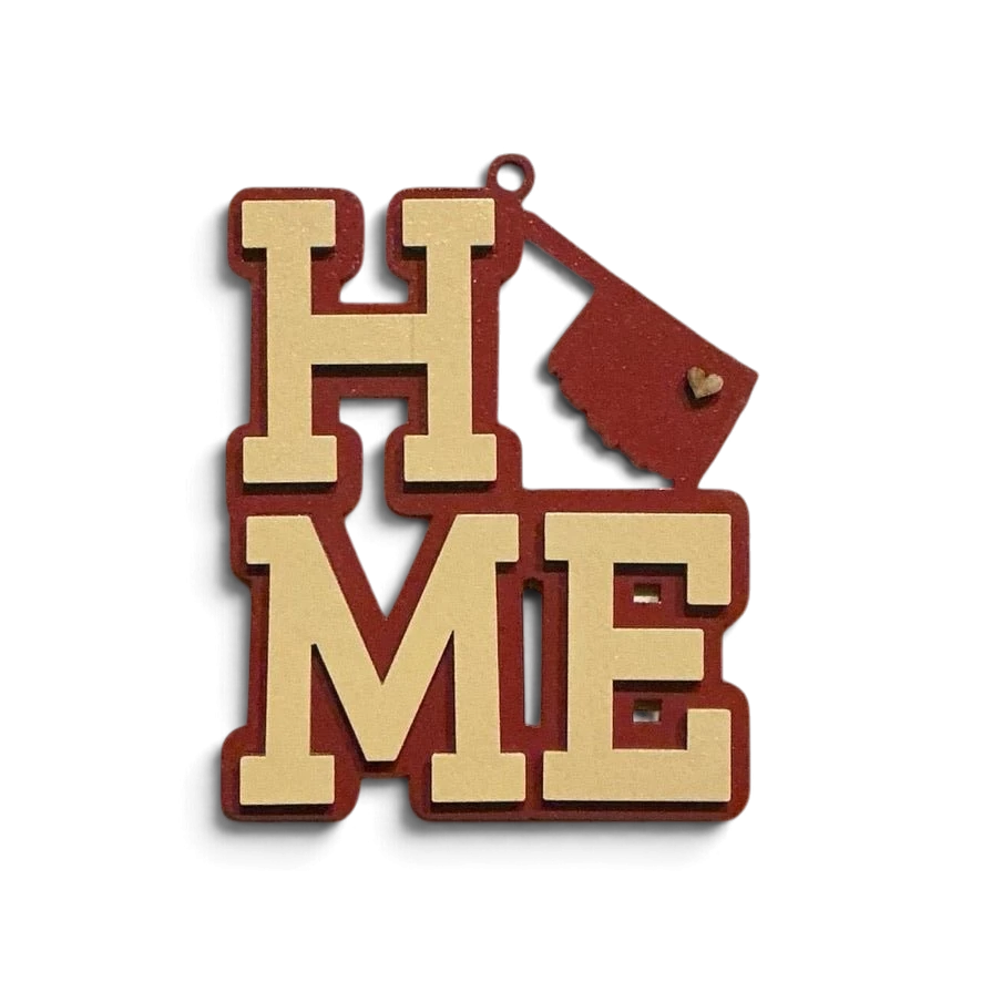 Trail and Timber Co. wooden Oklahoma ornament with varsity block HOME lettering and heart accent