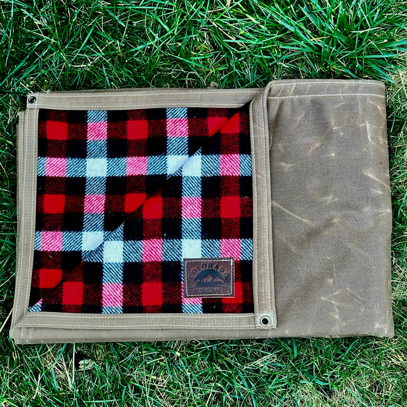 Load image into Gallery viewer, Extra Large Waxed Canvas and American Plaid Wool Lined Bushcraft Ground Cloth
