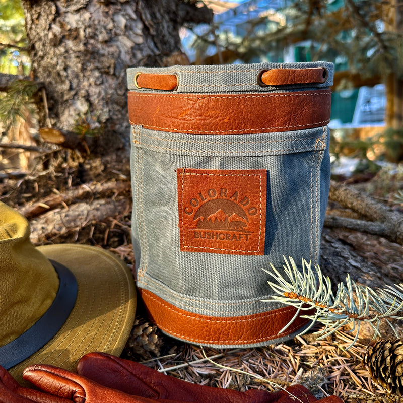 Load image into Gallery viewer, Settlers Collection:  Waxed Canvas and Leather Prairie Bucket Bushcraft Survival Camping Possibles Dopp Grooming
