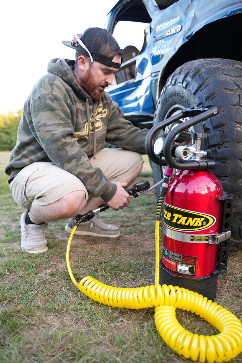 Load image into Gallery viewer, Air Hose 30 ft. Coiled 1/4&quot; NPT Male Thread Superflex High Pressure Yellow Power Tank
