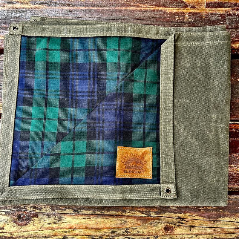 Load image into Gallery viewer, Extra Large Heavyweight Waxed Canvas and Ancient Blackwatch Tartan Wool Lined Bushcraft Ground Cloth
