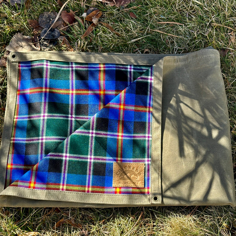 Load image into Gallery viewer, Extra Large Heavyweight Waxed Canvas and Official Colorado Tartan Wool Lined Bushcraft Ground Cloth
