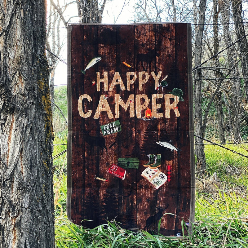 Load image into Gallery viewer, Large Waxed Canvas and Happy Camper Scene Cotton Lined Bushcraft Ground Cloth

