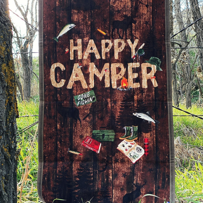 Load image into Gallery viewer, Large Waxed Canvas and Happy Camper Scene Cotton Lined Bushcraft Ground Cloth
