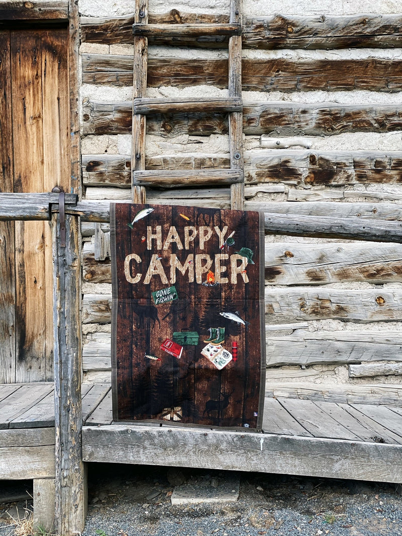 Load image into Gallery viewer, Large Waxed Canvas and Happy Camper Scene Cotton Lined Bushcraft Ground Cloth
