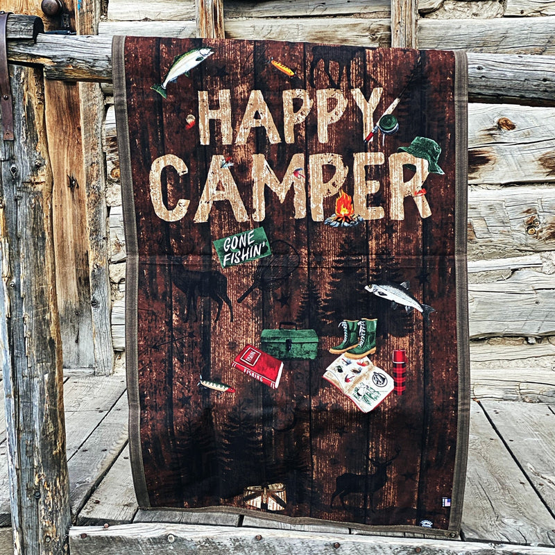 Load image into Gallery viewer, Large Waxed Canvas and Happy Camper Scene Cotton Lined Bushcraft Ground Cloth
