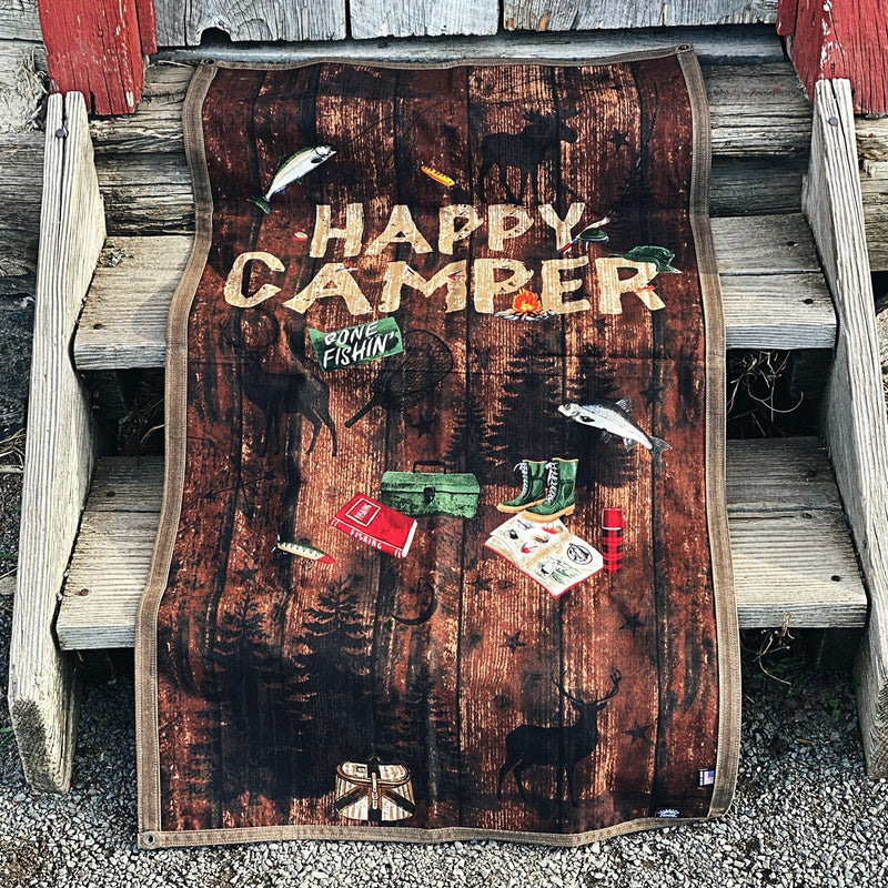 Load image into Gallery viewer, Large Waxed Canvas and Happy Camper Scene Cotton Lined Bushcraft Ground Cloth
