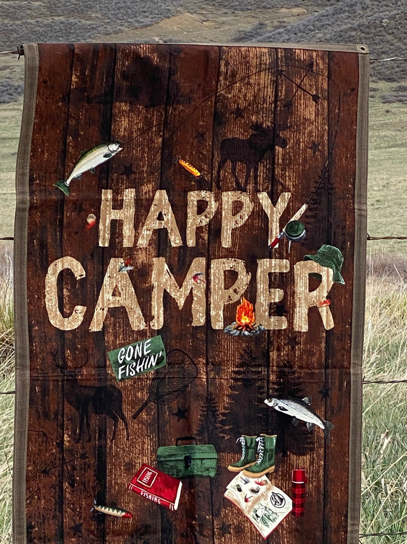 Load image into Gallery viewer, Large Waxed Canvas and Happy Camper Scene Cotton Lined Bushcraft Ground Cloth
