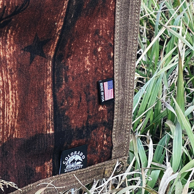 Load image into Gallery viewer, Large Waxed Canvas and Happy Camper Scene Cotton Lined Bushcraft Ground Cloth
