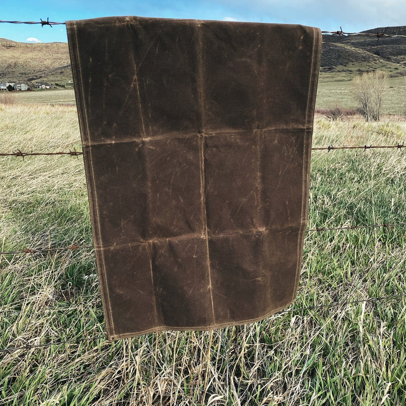Load image into Gallery viewer, Large Waxed Canvas and Happy Camper Scene Cotton Lined Bushcraft Ground Cloth
