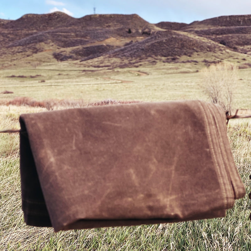 Load image into Gallery viewer, Large Waxed Canvas and Happy Camper Scene Cotton Lined Bushcraft Ground Cloth
