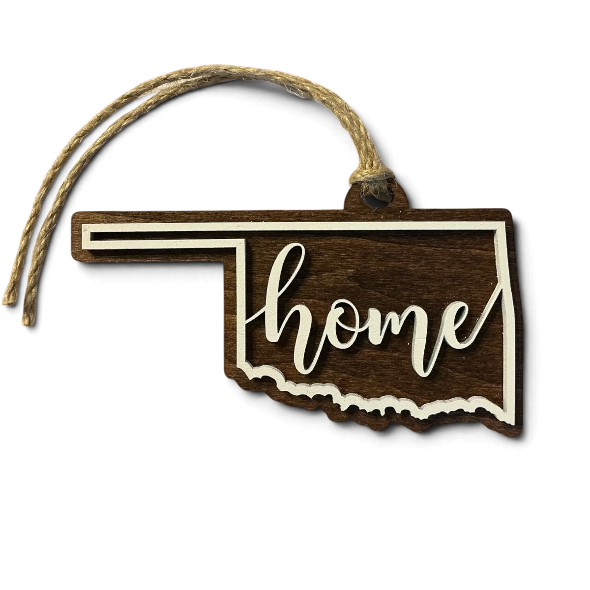 Trail and Timber Co. laser-cut wooden Oklahoma state ornament with classic home script