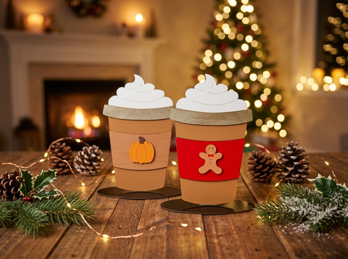Painted wooden fall latte cup with foam swirl, assembled from the Trail and Timber Co Fall Latte DIY Kit
