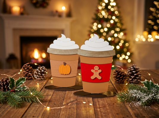 Painted wooden fall latte cup with foam swirl, assembled from the Trail and Timber Co Fall Latte DIY Kit