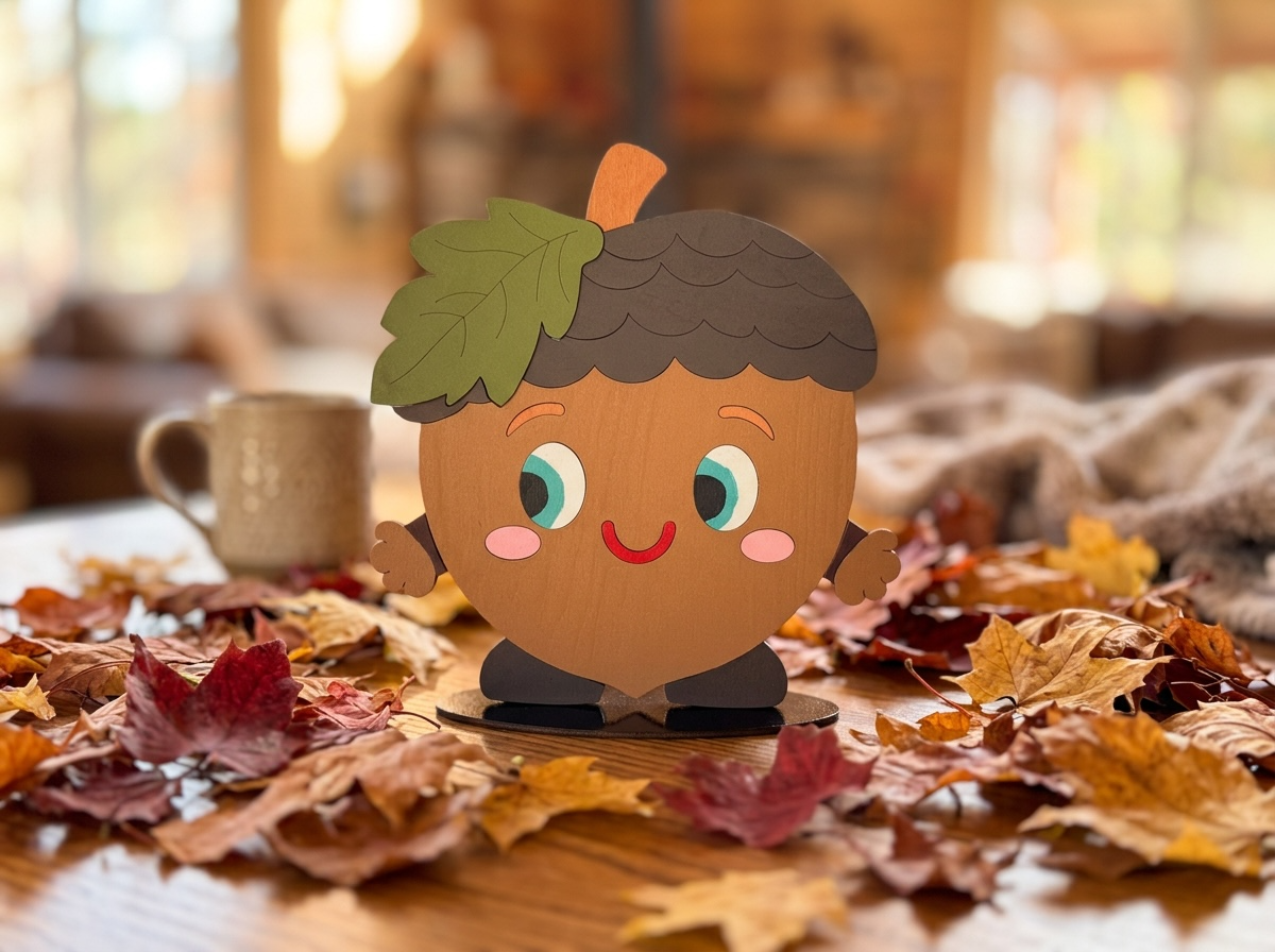 Painted wooden acorn with a textured cap, assembled from the Trail and Timber Co Fall Acorn DIY Kit