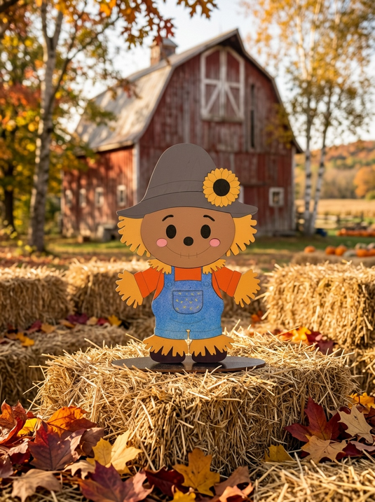 Painted wooden scarecrow standing on a table, assembled from the Trail and Timber Co Fall Scarecrow DIY Kit
