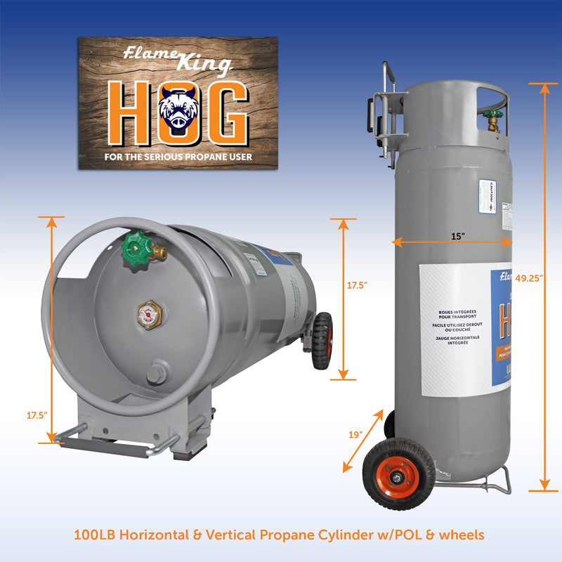 Load image into Gallery viewer, Flame King 100lb Empty Horizontal &amp; Vertical Propane Cylinder with POL &amp; Wheels
