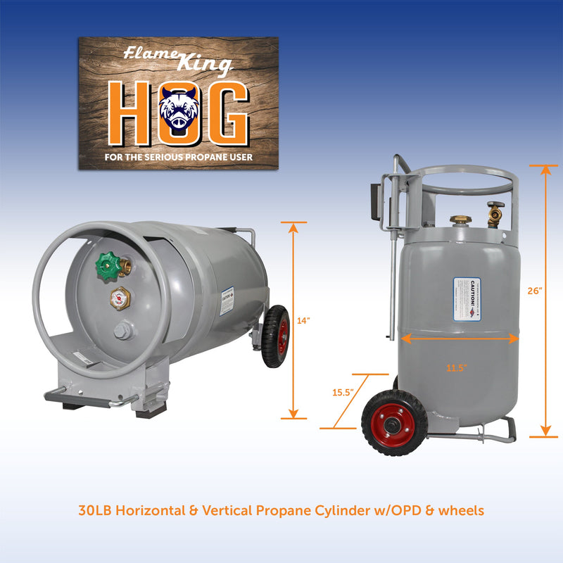 Load image into Gallery viewer, Flame King 30lb Horizontal &amp; Vertical Propane Cylinder Gauge OPD &amp; Wheels

