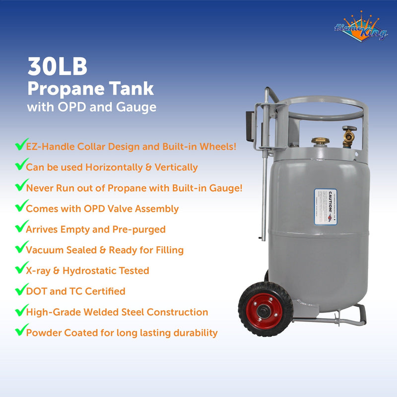 Load image into Gallery viewer, Flame King 30lb Horizontal &amp; Vertical Propane Cylinder Gauge OPD &amp; Wheels
