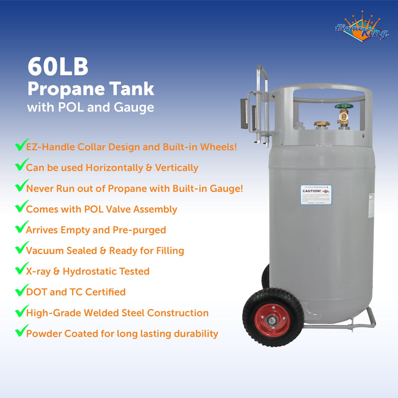 Load image into Gallery viewer, Flame King 60lb Horizontal &amp; Vertical Propane Cylinder Gauge POL &amp; Wheels
