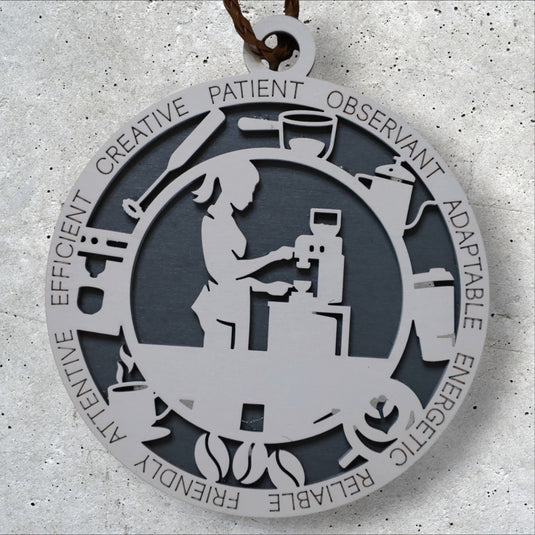 Barista Christmas ornament by Trail and Timber Co. — laser-cut wood, ringed with the words creative, patient, observant, efficient