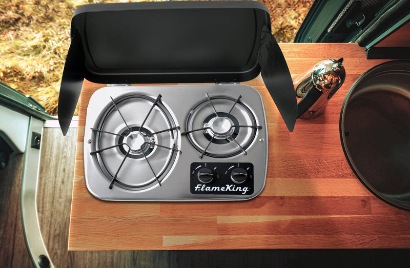 Load image into Gallery viewer, Flame King 2 Burner Built-In RV Trailer Stove with Wind Shield
