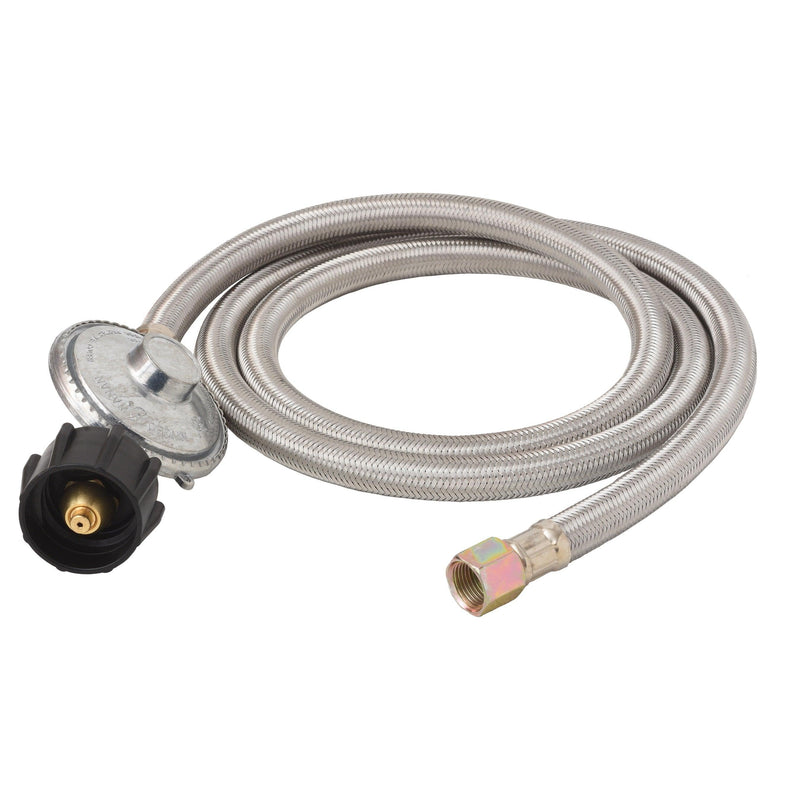 Load image into Gallery viewer, Flame King 5 FT QCC to 3/8″ Female Flare Nut w/Regulator-Steel Braided Hose

