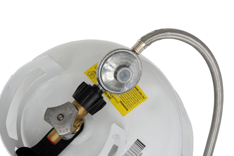 Load image into Gallery viewer, Flame King 5 FT QCC to 3/8″ Female Flare Nut w/Regulator-Steel Braided Hose
