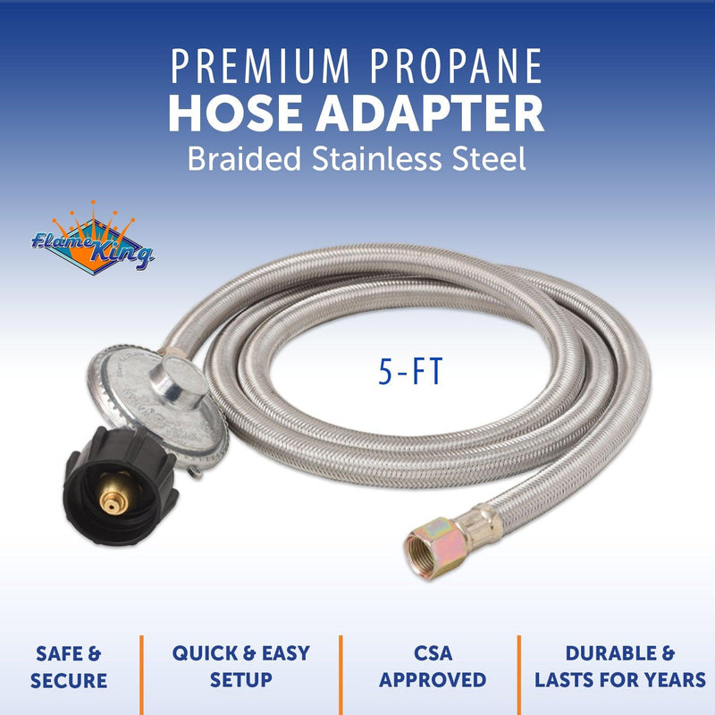 Load image into Gallery viewer, Flame King 5 FT QCC to 3/8″ Female Flare Nut w/Regulator-Steel Braided Hose
