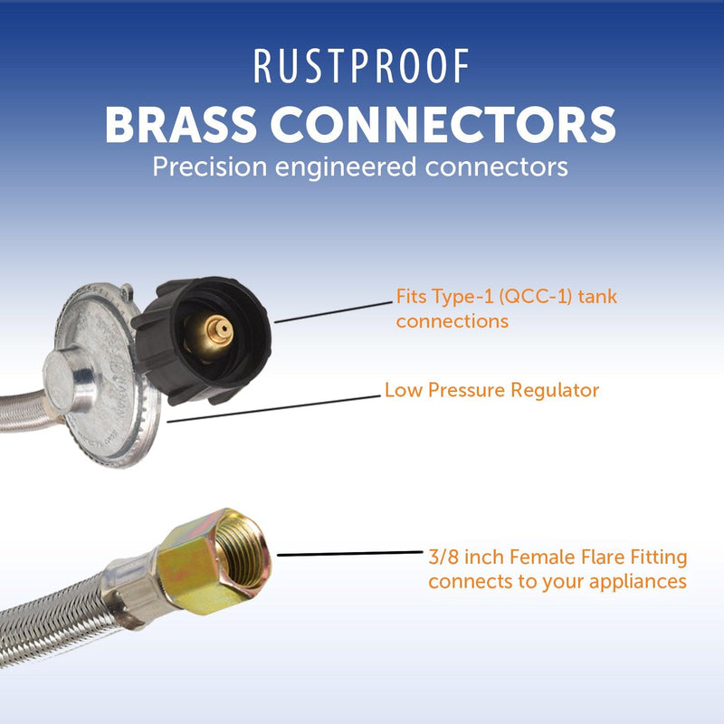 Load image into Gallery viewer, Flame King 5 FT QCC to 3/8″ Female Flare Nut w/Regulator-Steel Braided Hose
