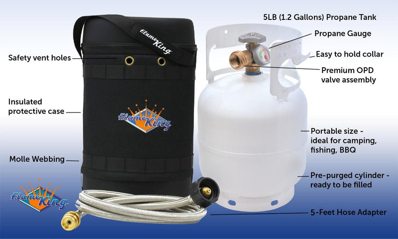 Load image into Gallery viewer, Flame King Propane Gas Hauler Kit 5lb Gauge Propane Tank, Adapter Hose and Insulated Protective Carry Case

