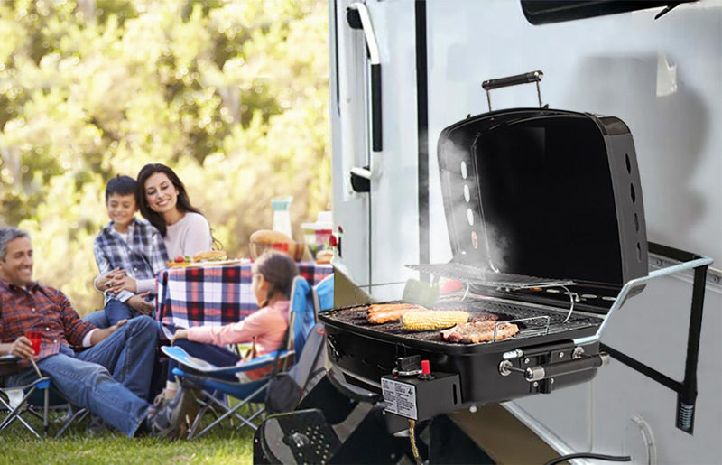 Load image into Gallery viewer, Flame King RV Trailer Mounted Grill BBQ with Carry Bag
