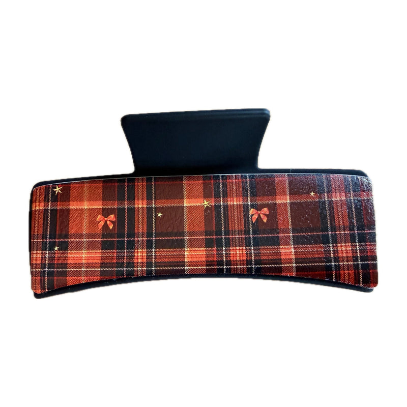 Burnt orange and black plaid leatherette claw hair clip