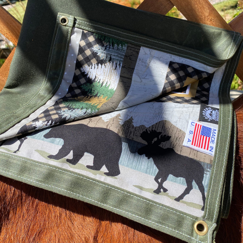 Load image into Gallery viewer, Medium Waxed Canvas and Woodland Scene Cotton Lined Bushcraft Ground Cloth
