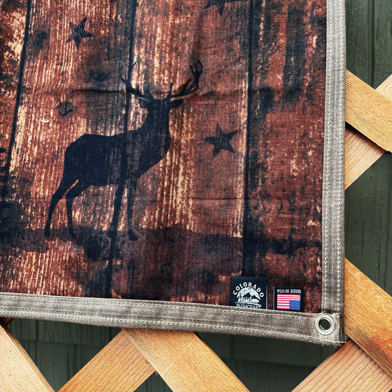 Load image into Gallery viewer, Large Waxed Canvas and Happy Camper Scene Cotton Lined Bushcraft Ground Cloth
