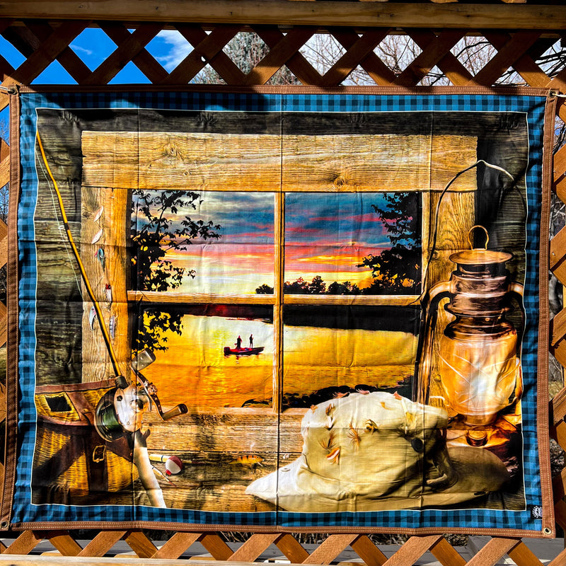 Load image into Gallery viewer, Large Waxed Canvas and Lake Cabin Scene Cotton Lined Bushcraft Ground Cloth

