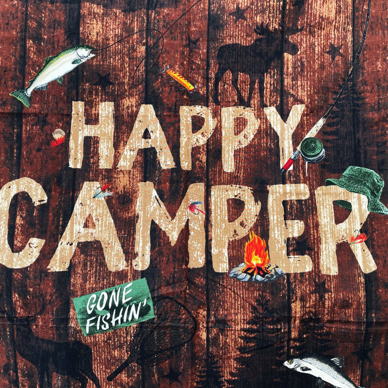 Load image into Gallery viewer, Large Waxed Canvas and Happy Camper Scene Cotton Lined Bushcraft Ground Cloth

