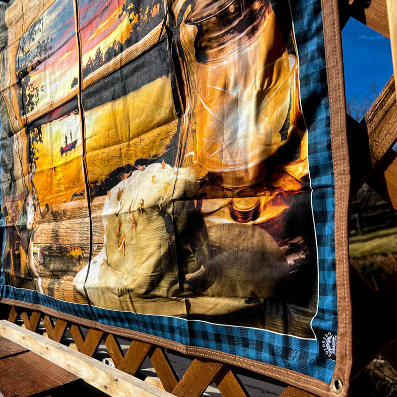 Load image into Gallery viewer, Large Waxed Canvas and Lake Cabin Scene Cotton Lined Bushcraft Ground Cloth
