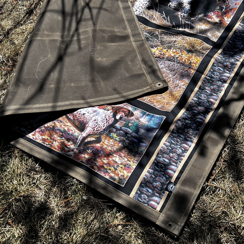 Load image into Gallery viewer, Large Waxed Canvas and Bird Dog Print Cotton Lined Bushcraft Ground Cloth
