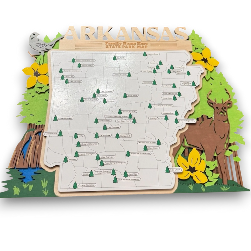Load image into Gallery viewer, Trail and Timber Co personalized Arkansas state park map with 3D wood accents, deer, bird, and interactive tree tokens.
