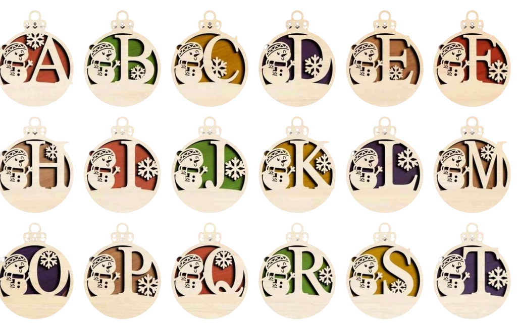 Trail and Timber Co custom wooden monogram Christmas ornaments featuring 3D snowman and snowflake laser-cut designs.