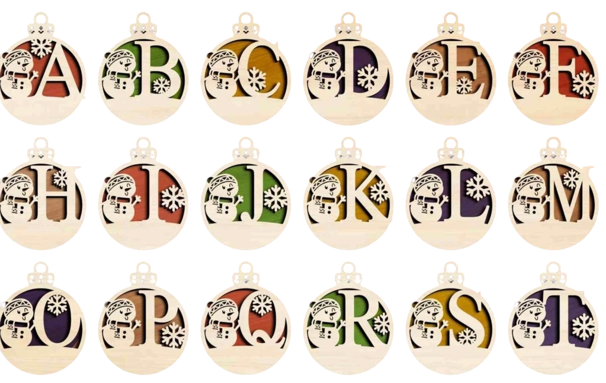 Trail and Timber Co custom wooden monogram Christmas ornaments featuring 3D snowman and snowflake laser-cut designs.