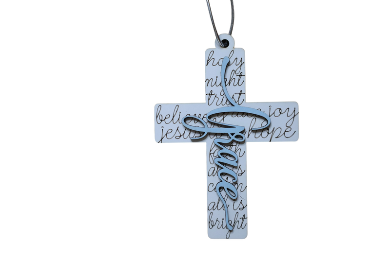 Load image into Gallery viewer, Trail and Timber Co Faith Cross ornament featuring white wood with black script text and a blue Grace cutout overlay
