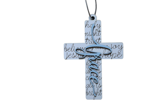 Trail and Timber Co Faith Cross ornament featuring white wood with black script text and a blue Grace cutout overlay