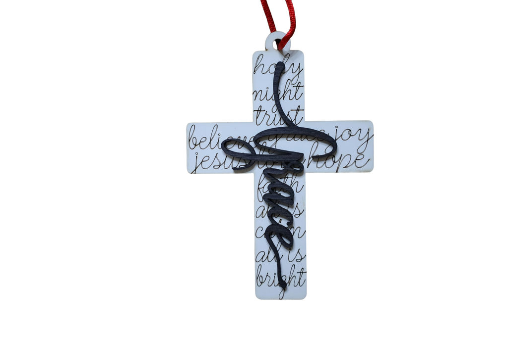 Trail and Timber Co Faith Cross ornament featuring a white base with black script text and a black grace overlay.