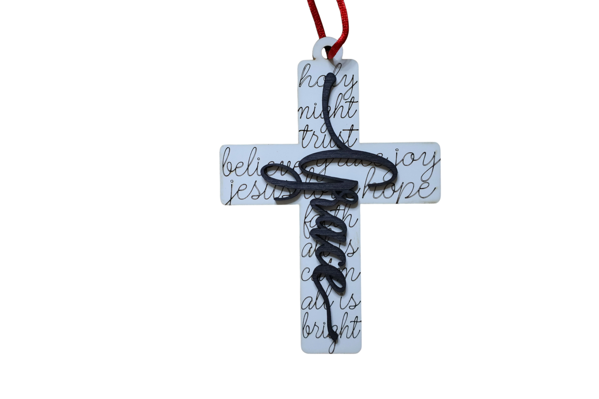Trail and Timber Co Faith Cross ornament featuring a white base with black script text and a black grace overlay.