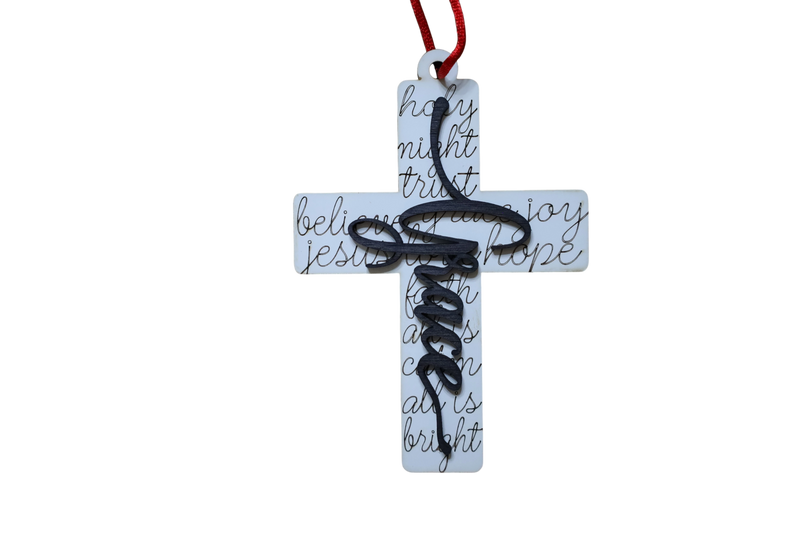 Load image into Gallery viewer, Trail and Timber Co Faith Cross ornament featuring a white base with black script text and a black grace overlay.
