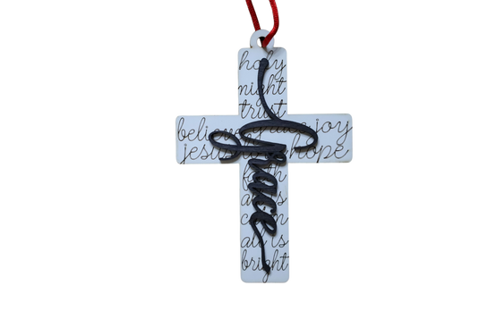 Trail and Timber Co Faith Cross ornament featuring a white base with black script text and a black grace overlay.