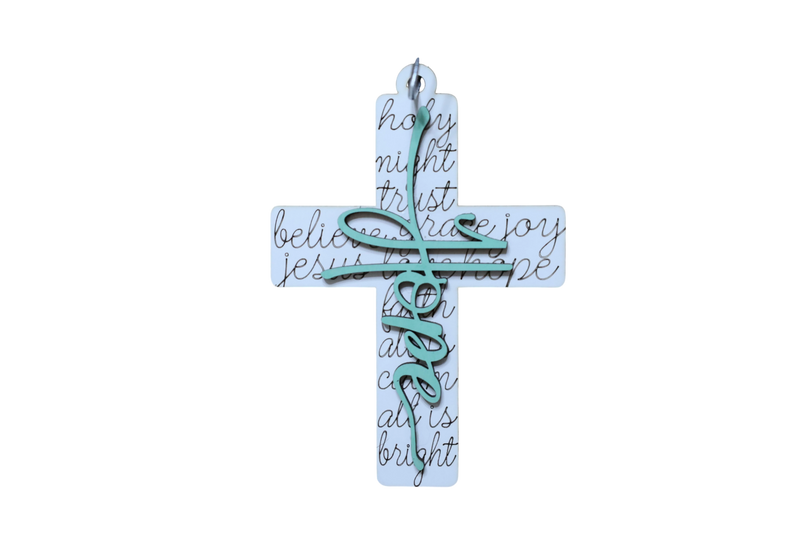 Load image into Gallery viewer, Trail and Timber Co Faith Cross ornament featuring white background with script text and a teal hope overlay
