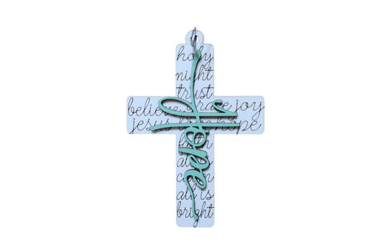 Trail and Timber Co Faith Cross ornament featuring white background with script text and a teal hope overlay